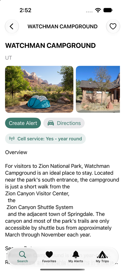 Watchman Campground detail page with real photos