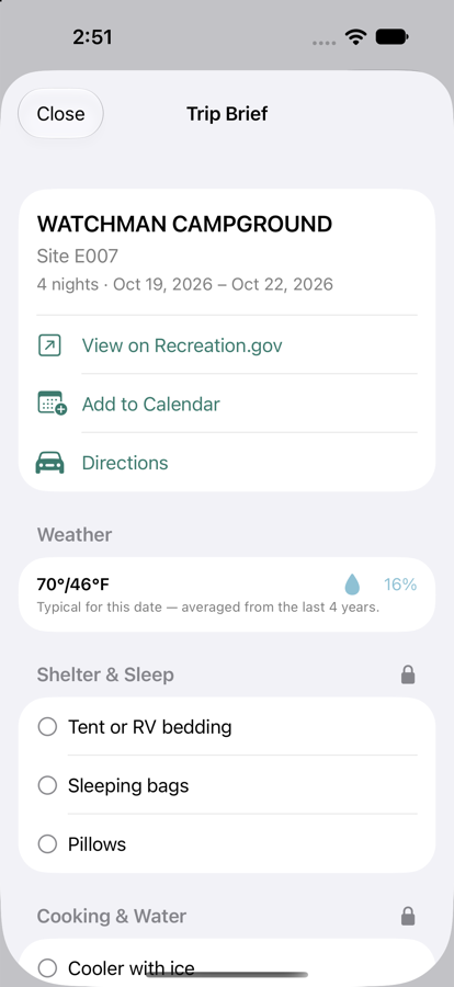 Trip Brief screen with weather, directions, and packing checklist